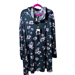 Vera Wang New Black Floral Lounge Hoodie Velour Sleepshirt Plus Size 2X Pockets